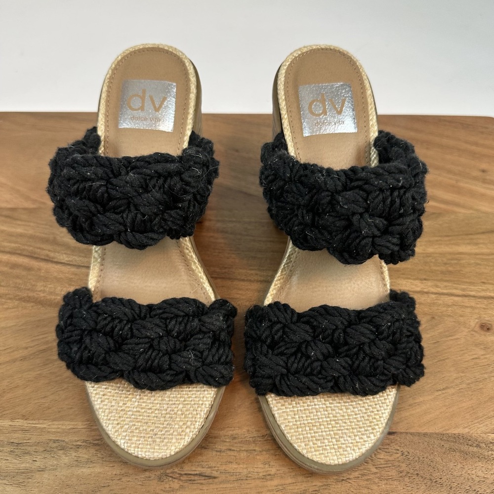Womens Dolce Vita Roulette Black Woven Slip On Strappy Sandals Heels Size 7 GUC